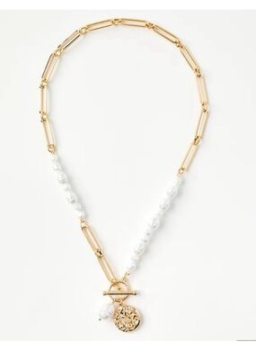LOFT Gold Link and White Pearl Toggle Necklace